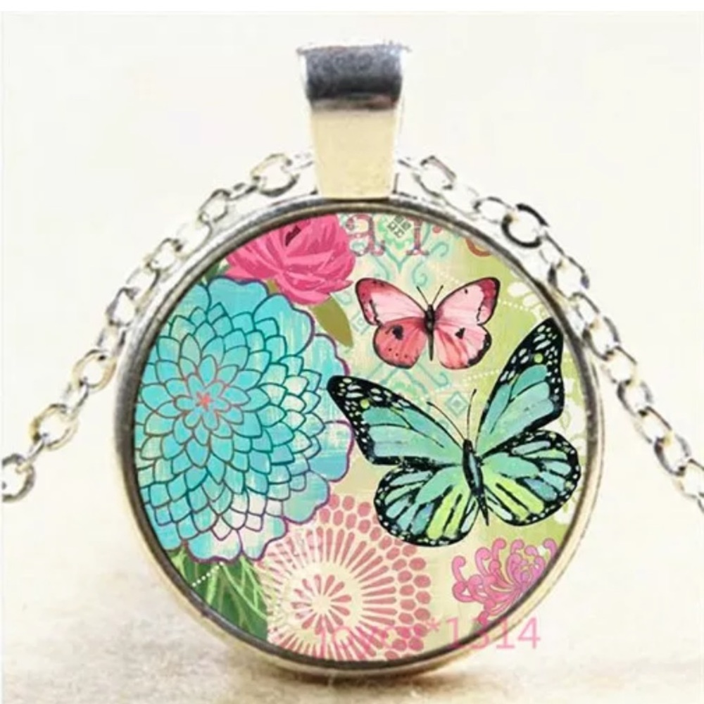 Butterfly silver glass necklace